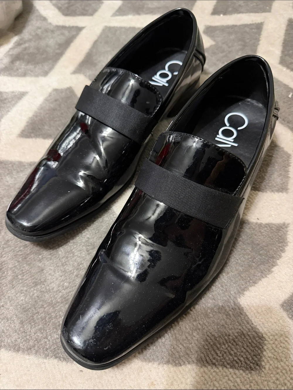 Calvin Klein Men's Black Patent Slip-On Loafers with Grosgrain Strap Sz 10.5 - Picture 1 of 4